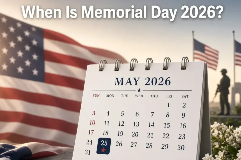 When is Memorial Day 2026 - Calendar showing May 25 highlighted with American flag